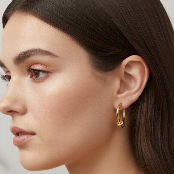 🆕 Chic Knot Accent 18K Gold Hoop Earrings Trendy Stainless Steel Minimalist - Picture 3 of 13